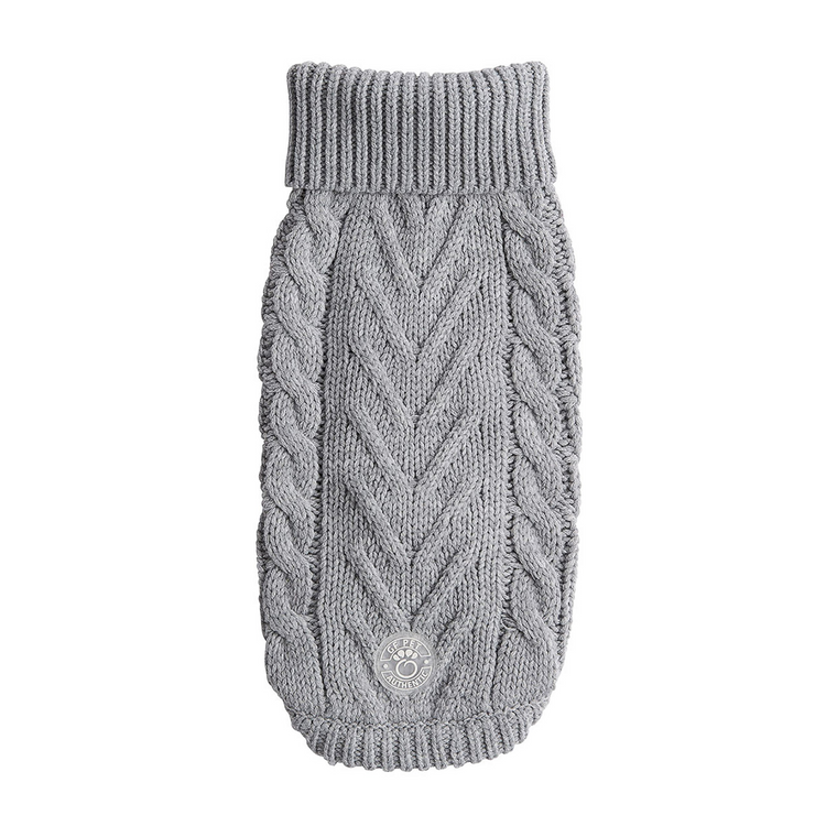a grey knitted sweater with a white background