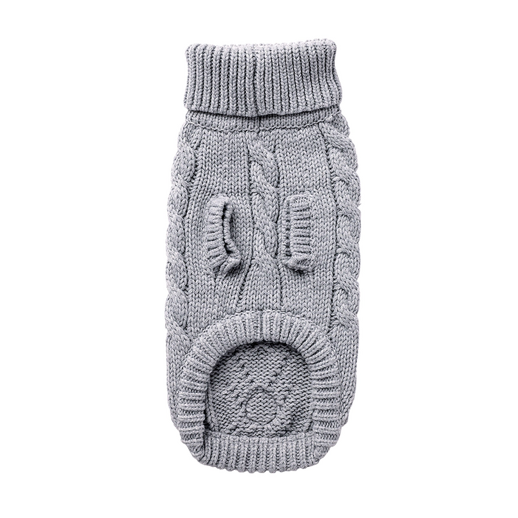 a grey knitted sweater with a hole