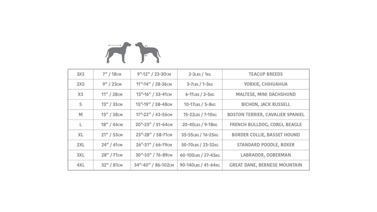 a table with dog sizes and measurements
