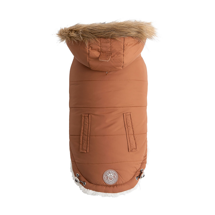 a brown coat with fur hood
