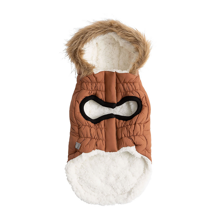 a brown and white furry coat