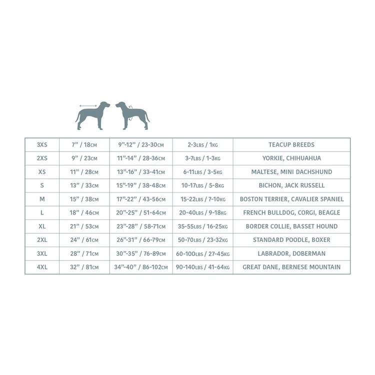 a table with measurements for dogs