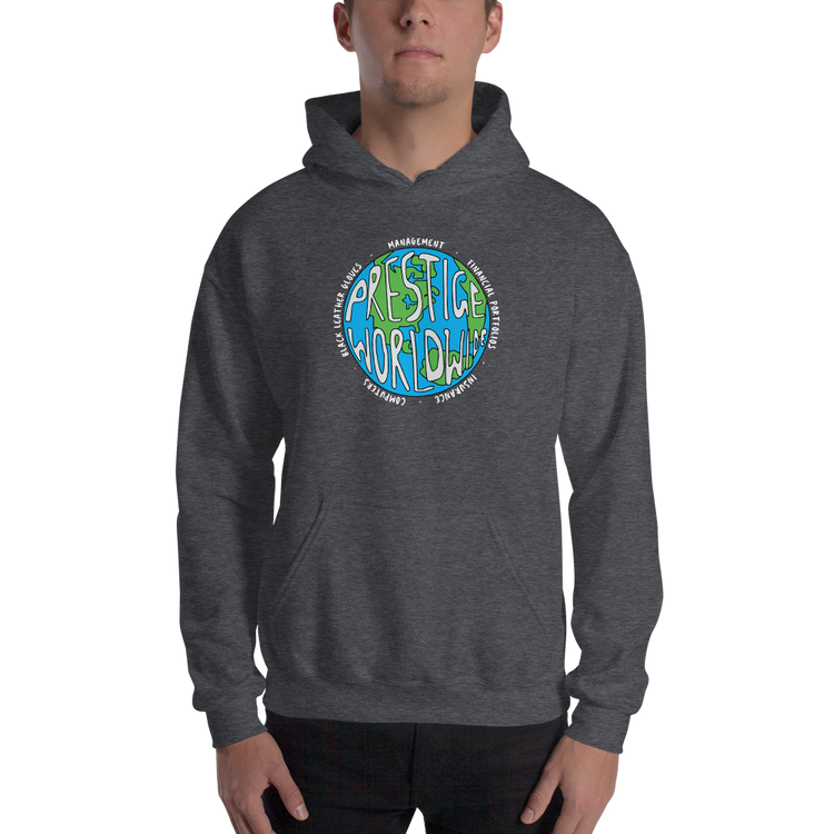a man wearing a grey sweatshirt with a blue circle and green text