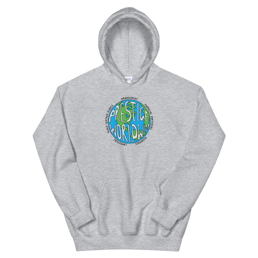 a grey sweatshirt with a blue circle with writing on it