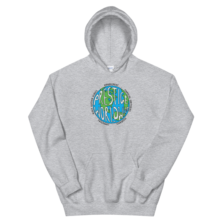 a grey sweatshirt with a blue circle with writing on it