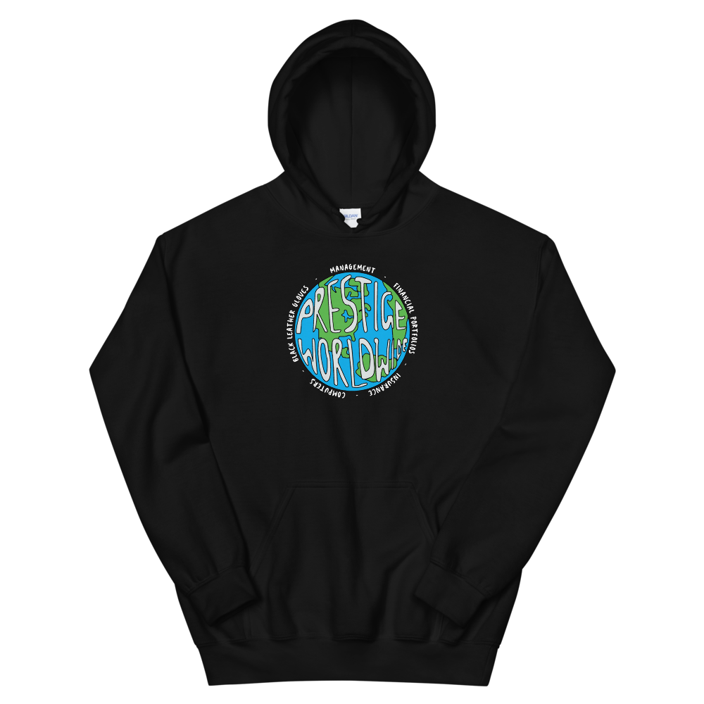 a black sweatshirt with a blue circle with writing on it