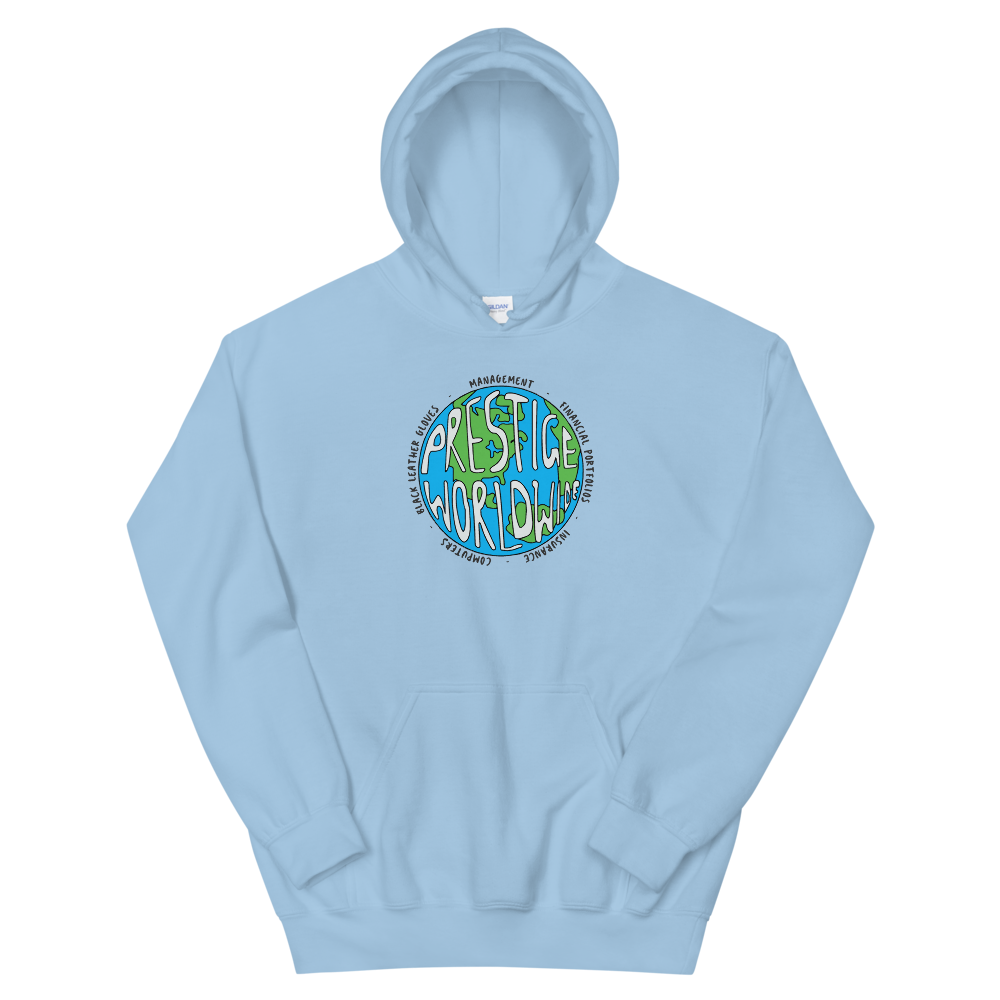 a light blue hoodie with a logo on it