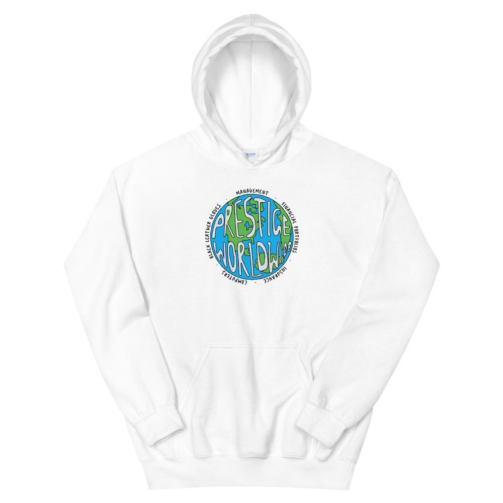 a white hoodie with a blue circle with writing on it