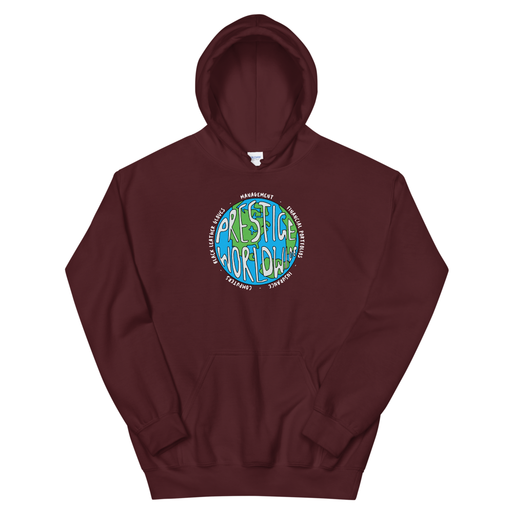 a maroon sweatshirt with a blue circle and text on it