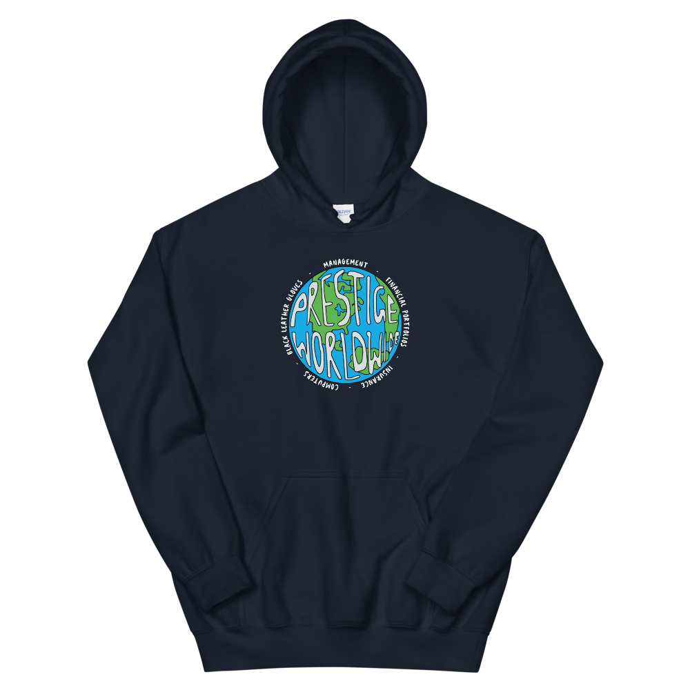 a black sweatshirt with a blue circle with writing on it