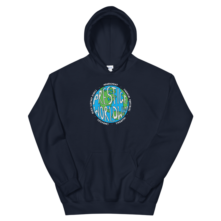 a black sweatshirt with a blue circle with writing on it