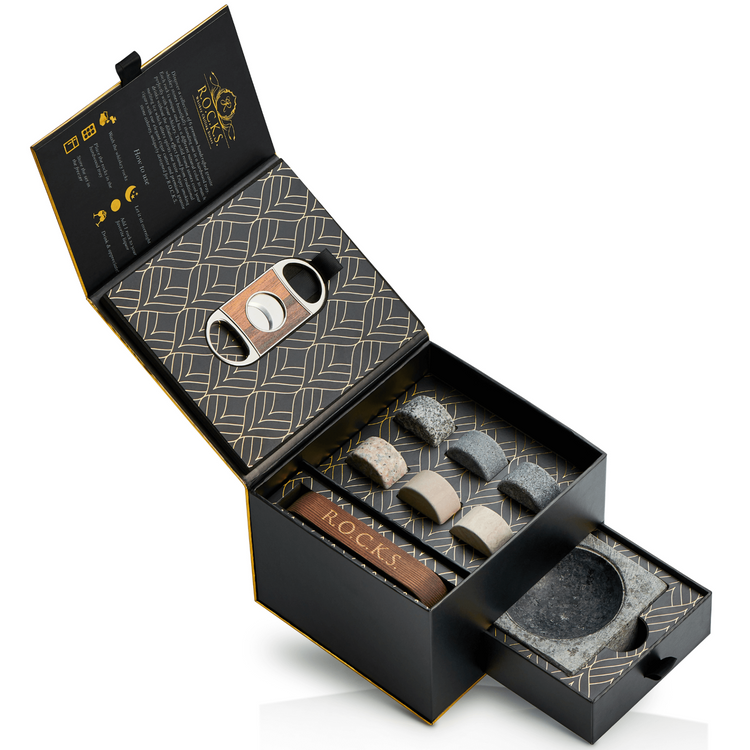 a box with a set of stones