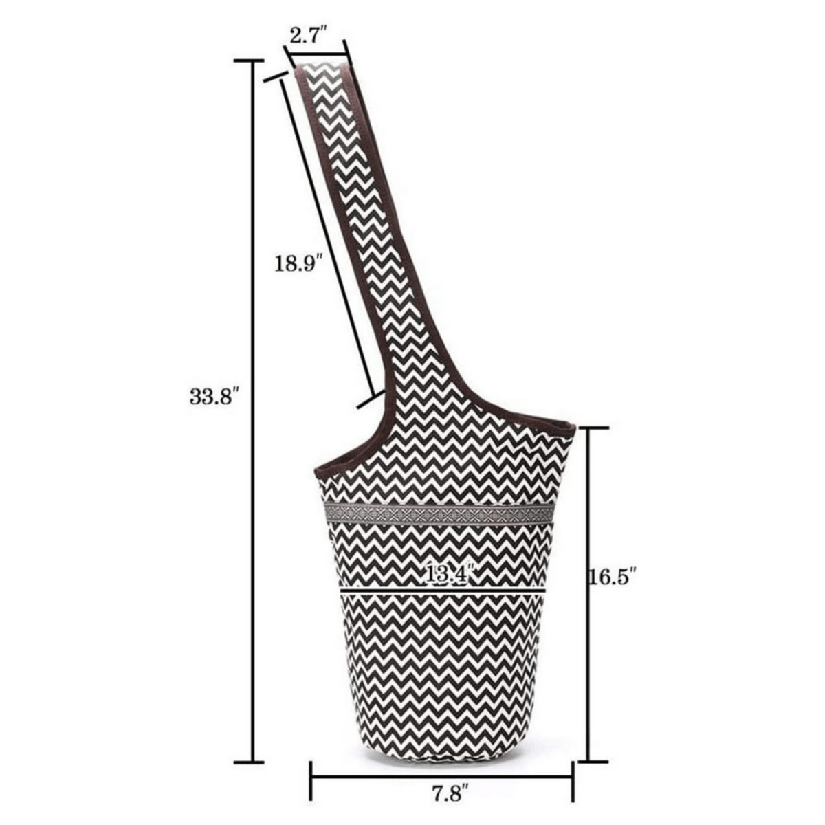 a black and white chevron bag with measurements