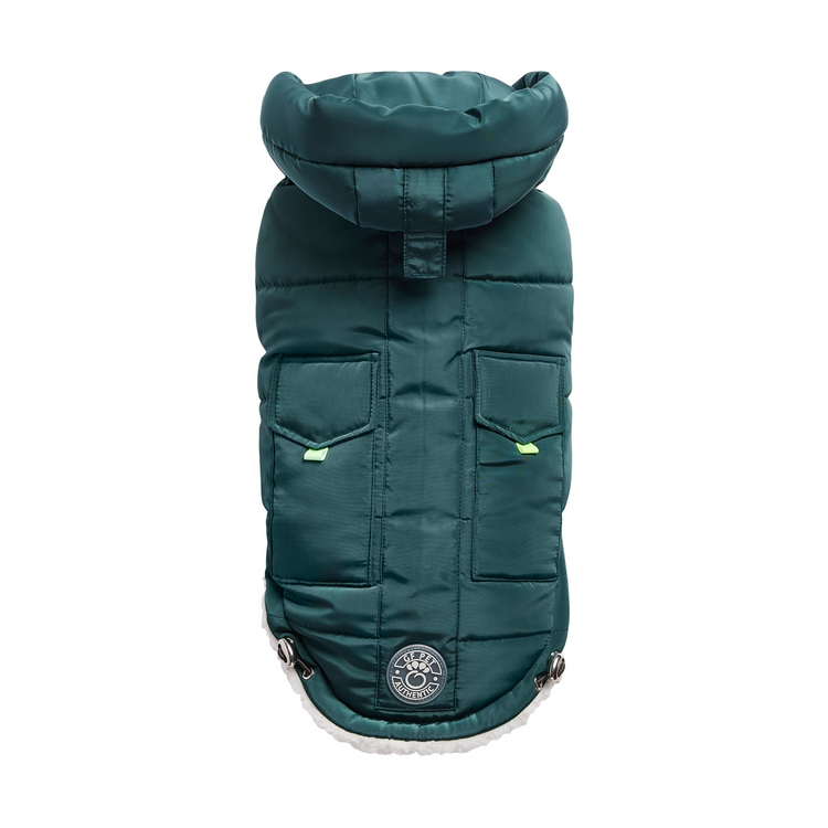 a green coat with pockets