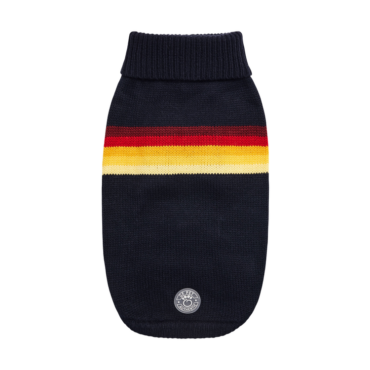 a black sweater with a red yellow and blue stripe