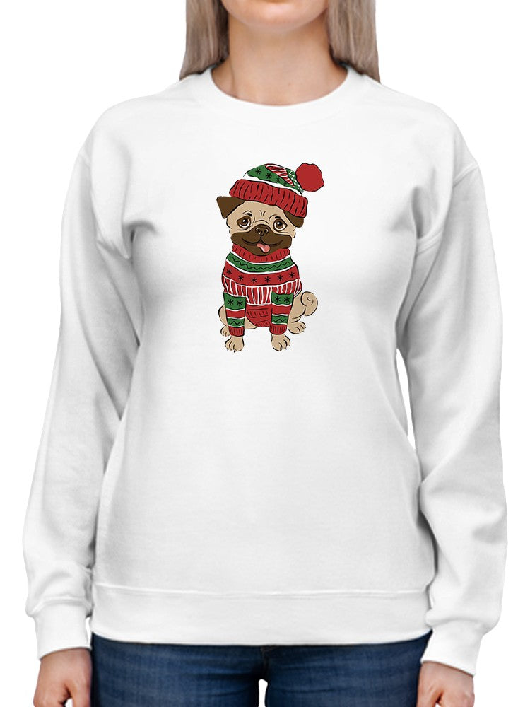 a person wearing a white sweater with a dog on it
