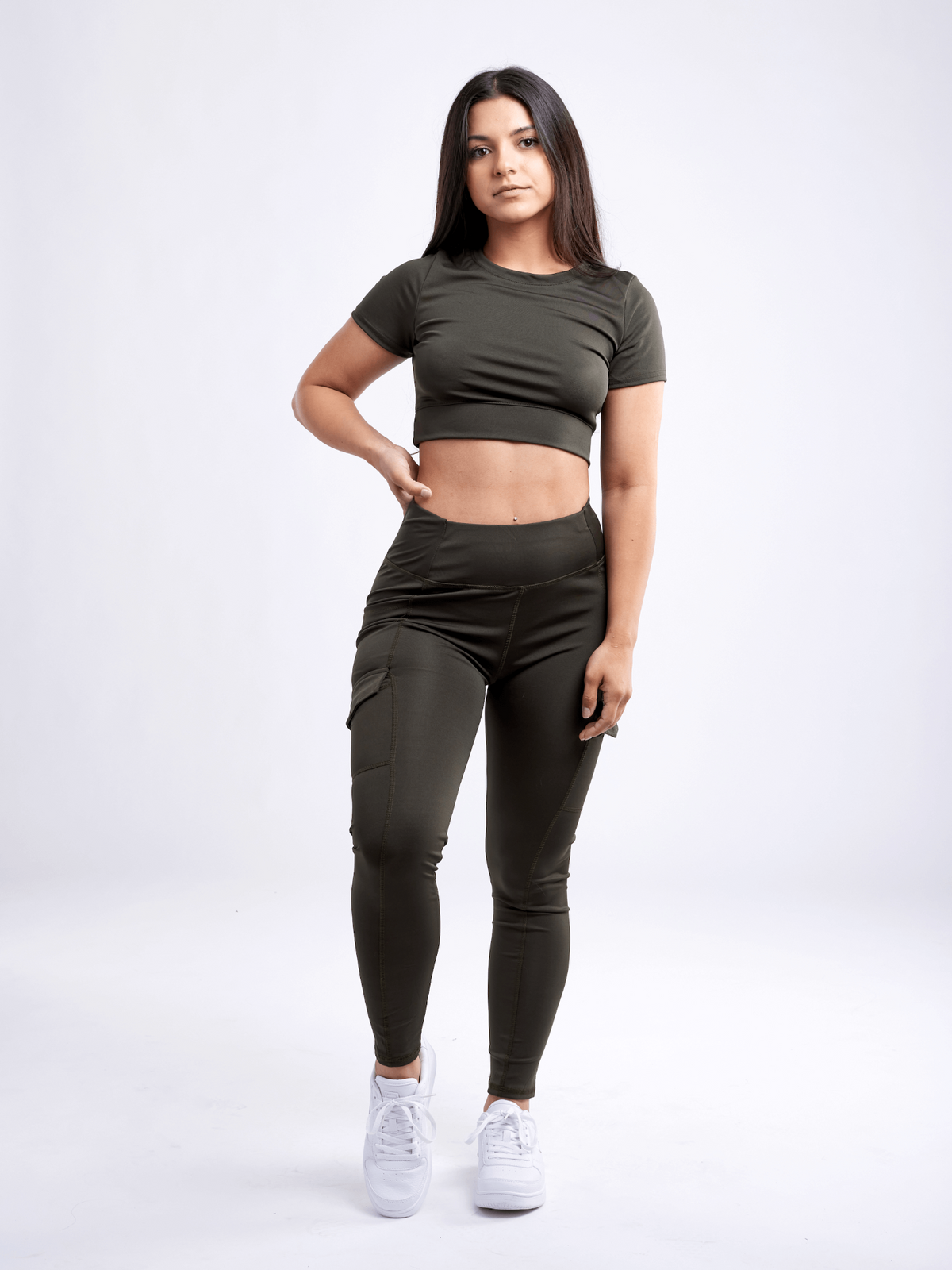a woman in a black outfit