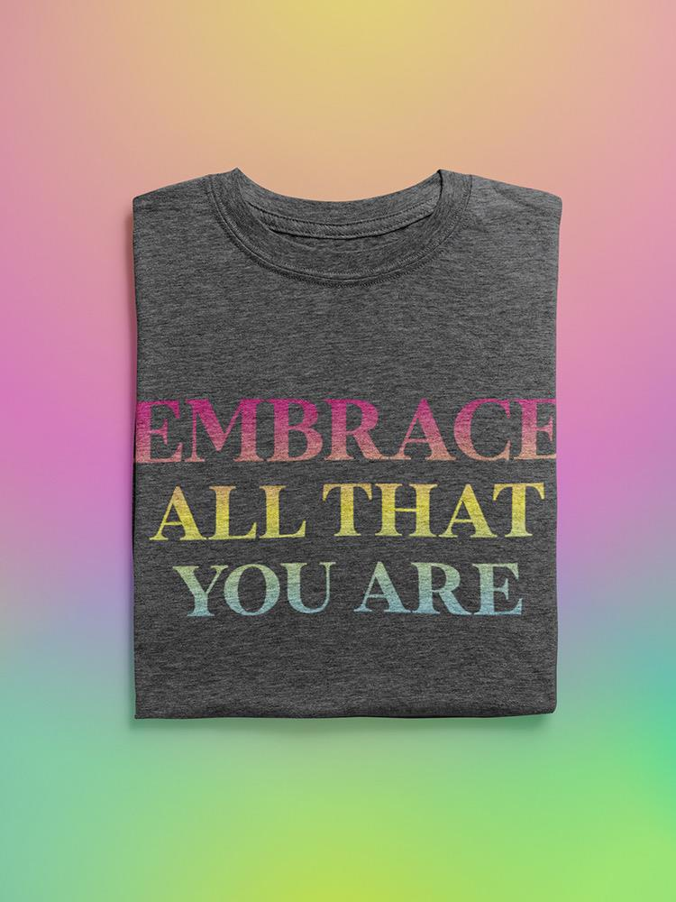a grey shirt with colorful text on it