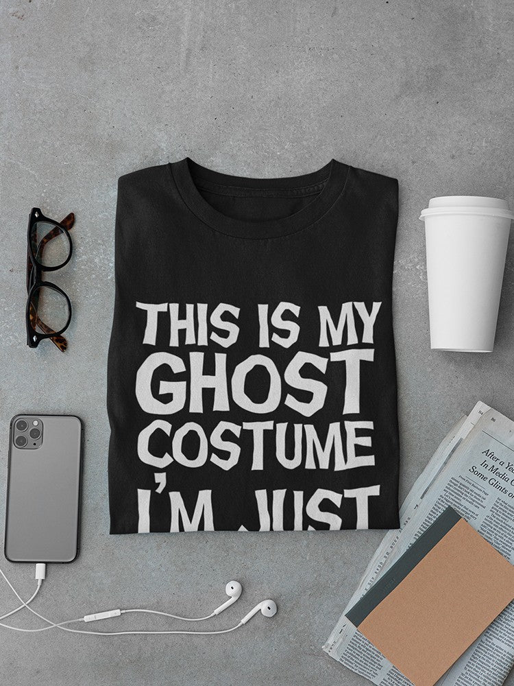 a black shirt with white text on it and a phone and glasses