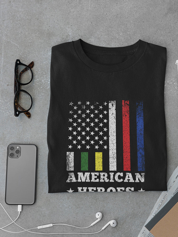 a black shirt with a flag and a phone and glasses