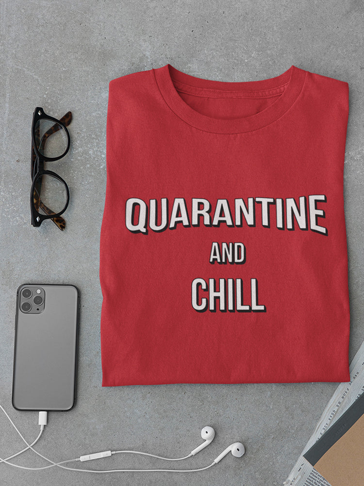 a red shirt with white text on it next to a phone and glasses