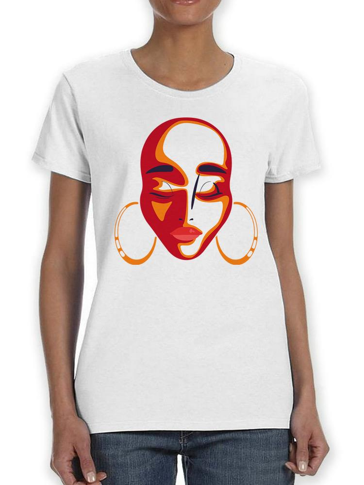 a woman wearing a white t-shirt with a face on it