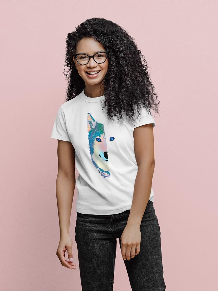 a woman wearing glasses and a white shirt with a wolf on it