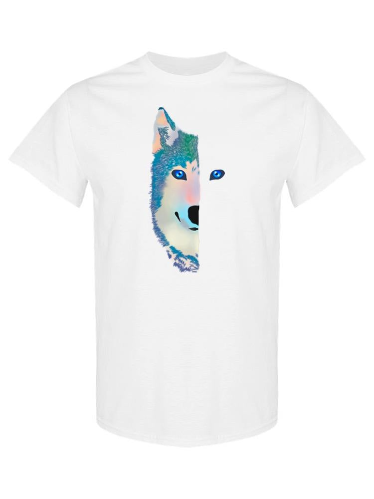a white t-shirt with a blue and white wolf face