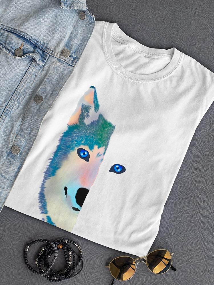 a white shirt with a blue and green wolf face on it