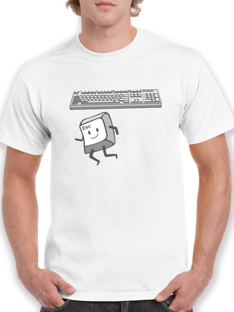 a person wearing a white shirt with a computer keyboard and a cartoon character