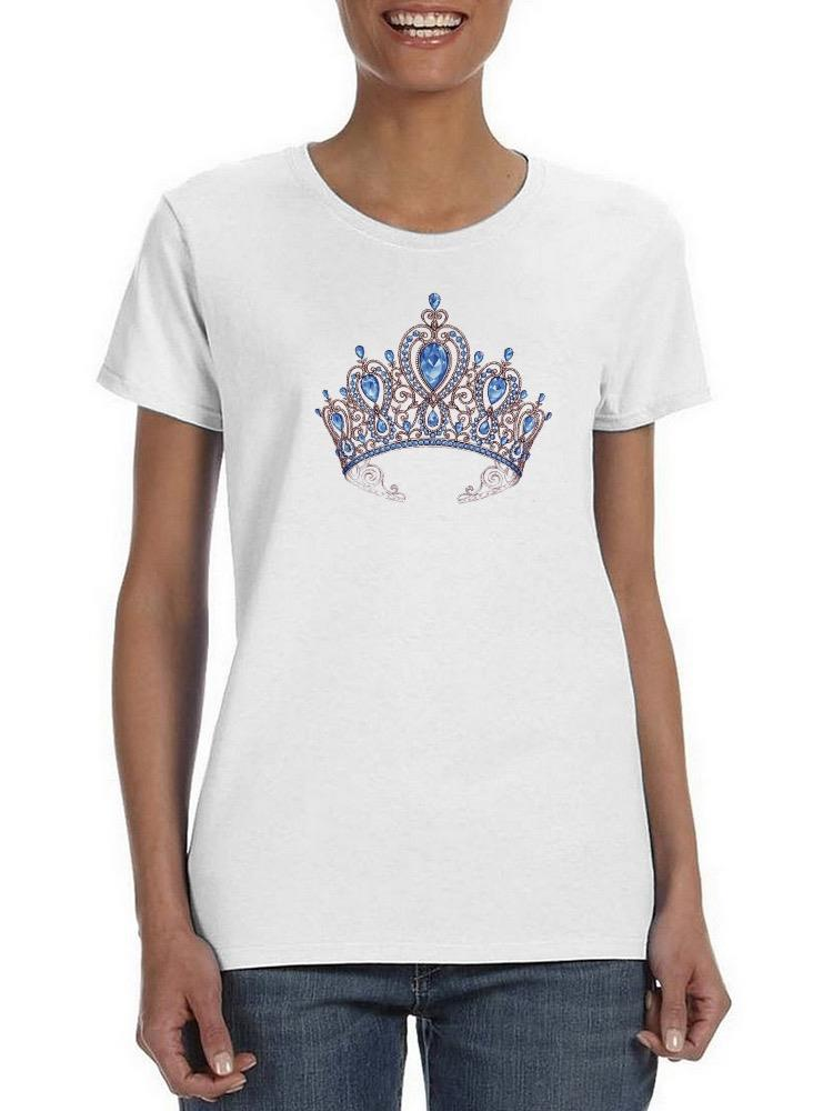 a woman wearing a white t-shirt with a crown on it