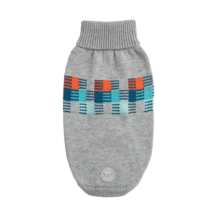a grey knitted sweater with colorful designs