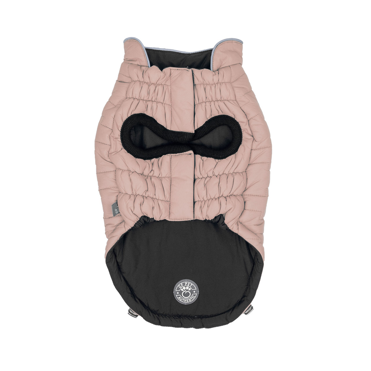 a dog coat with a black and pink lining