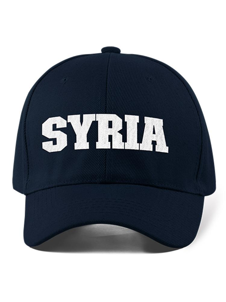 a blue hat with white text