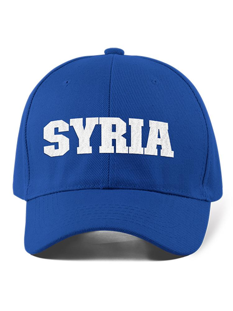 a blue hat with white text