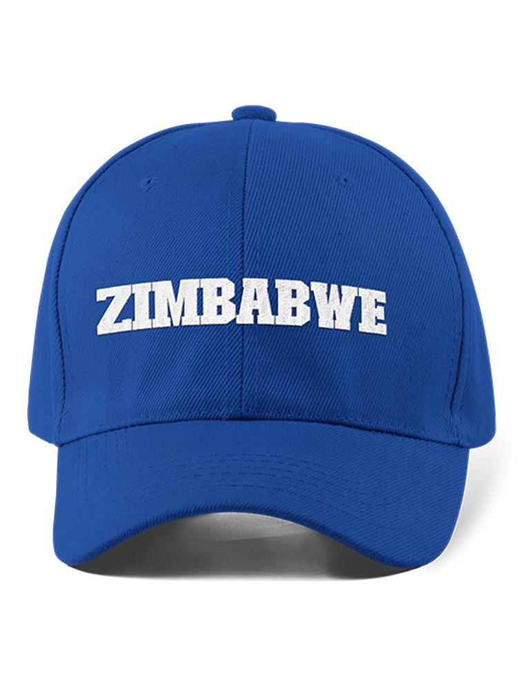 a blue baseball cap with white text
