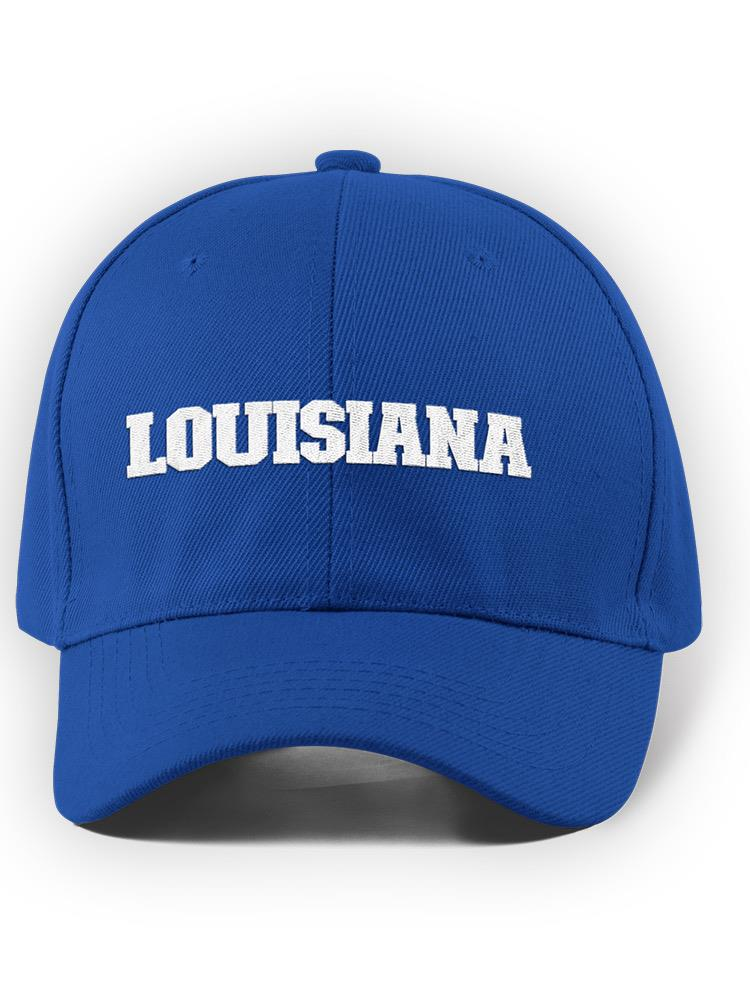 a blue hat with white text