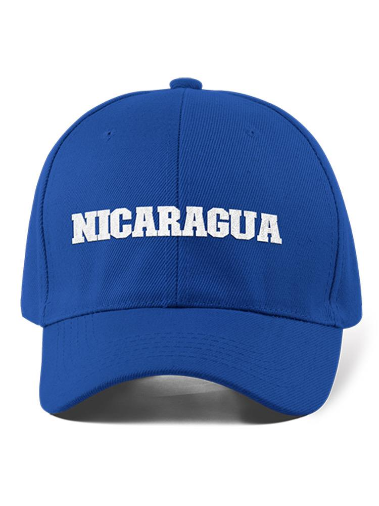 a blue hat with white text