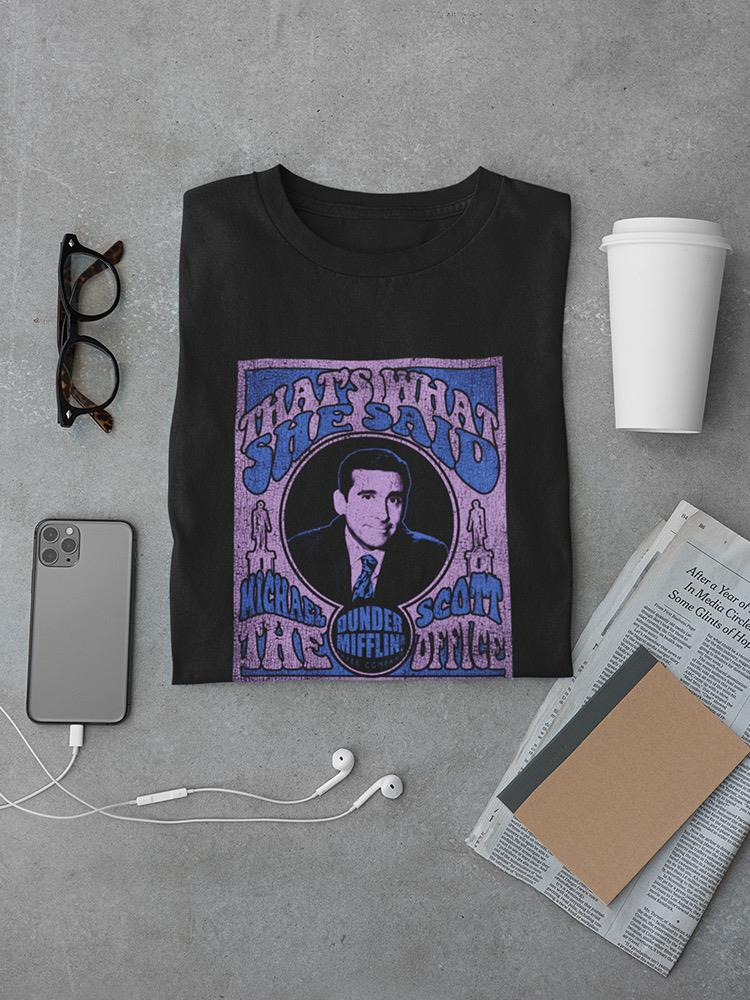 a shirt with a picture of a man on it and a phone and glasses