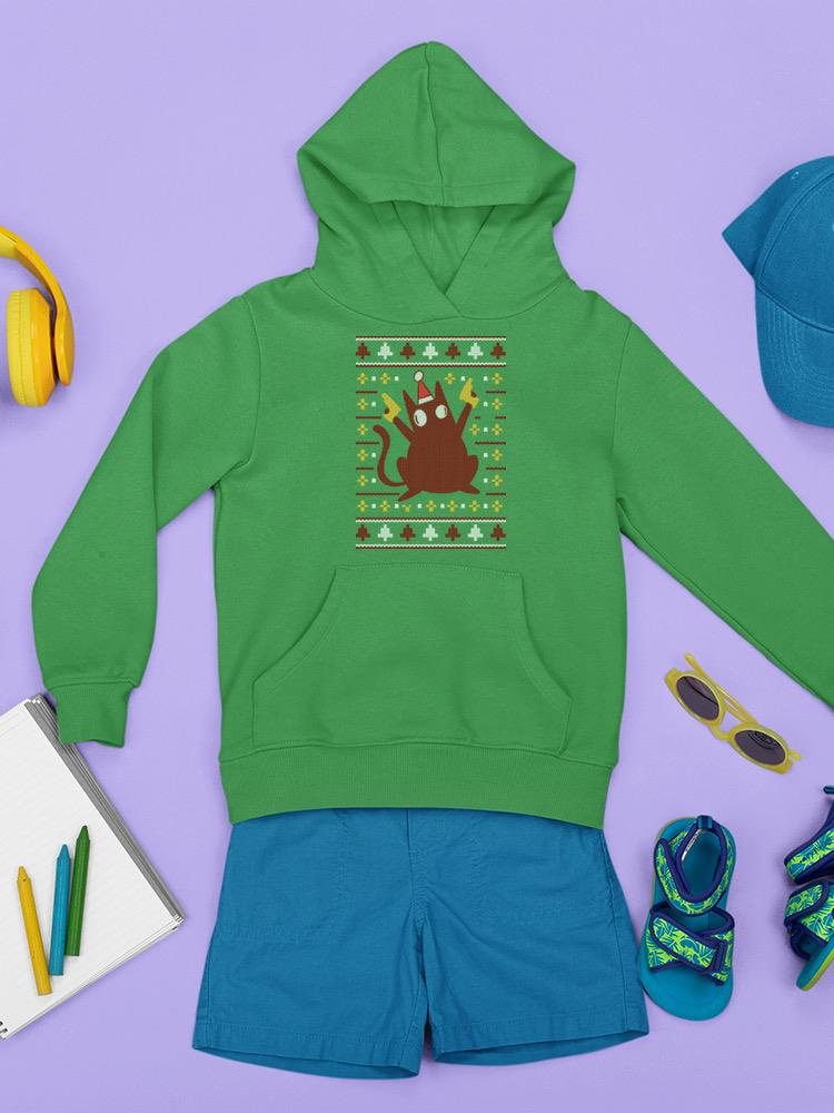 a green hoodie with a cartoon character on it