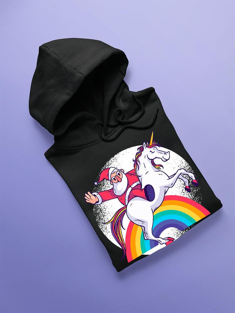 a black hoodie with a black sweatshirt with a cartoon of santa riding a unicorn