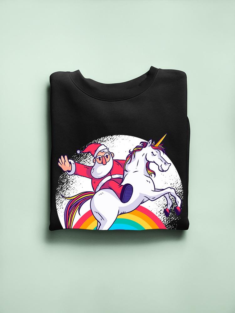a black shirt with a cartoon of santa riding a unicorn