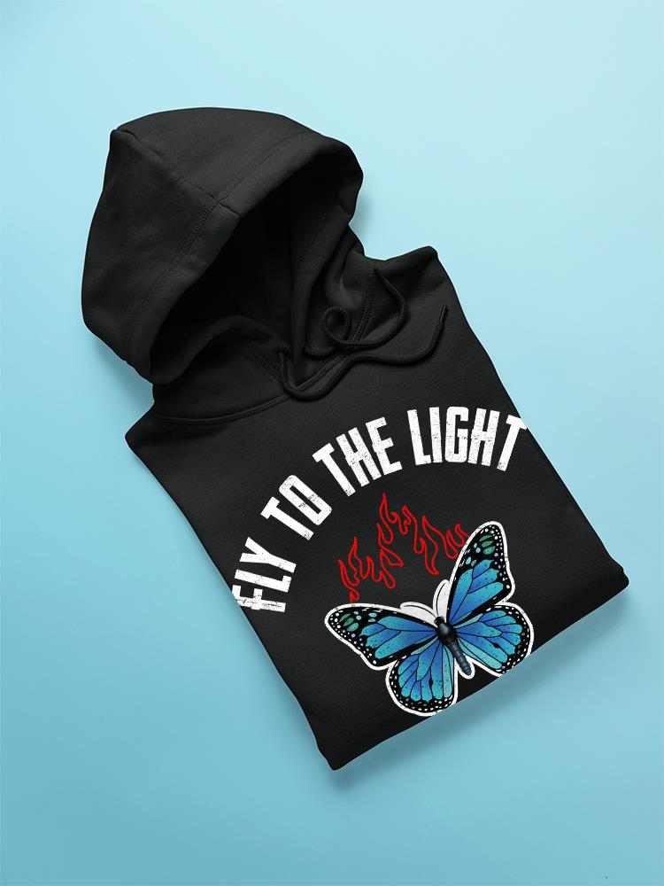 a black sweatshirt with a blue butterfly on it