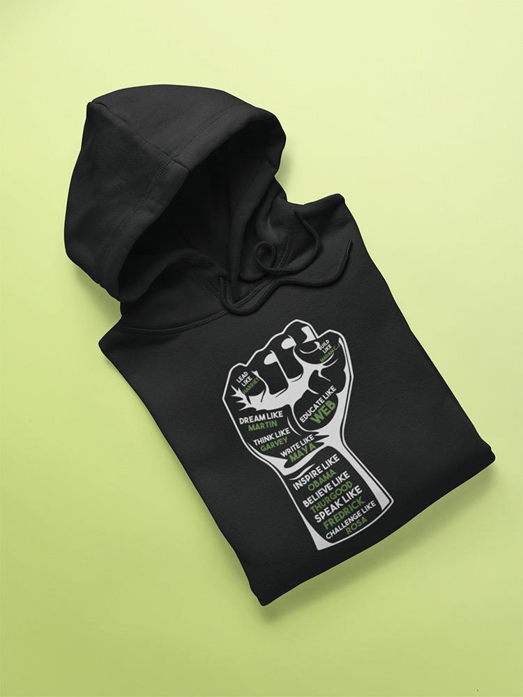 a black sweatshirt with a black fist on it