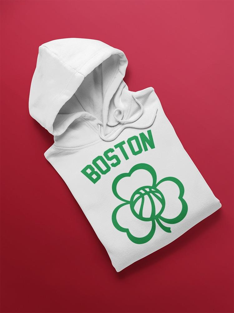 a white sweatshirt with a green logo on it