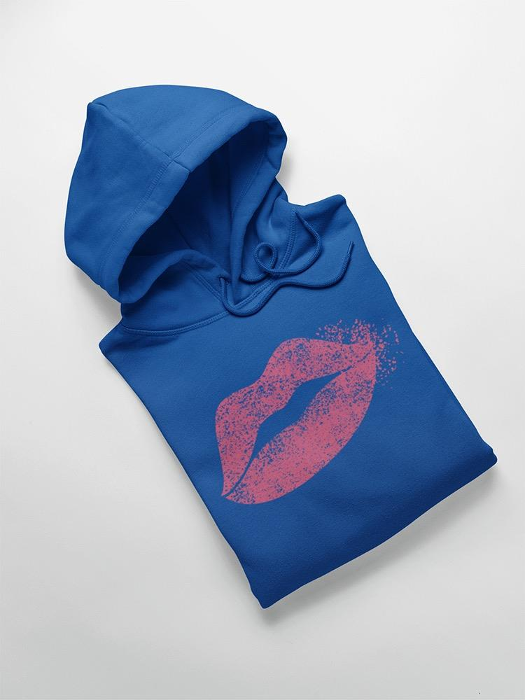 a blue sweatshirt with a pink lips print on it