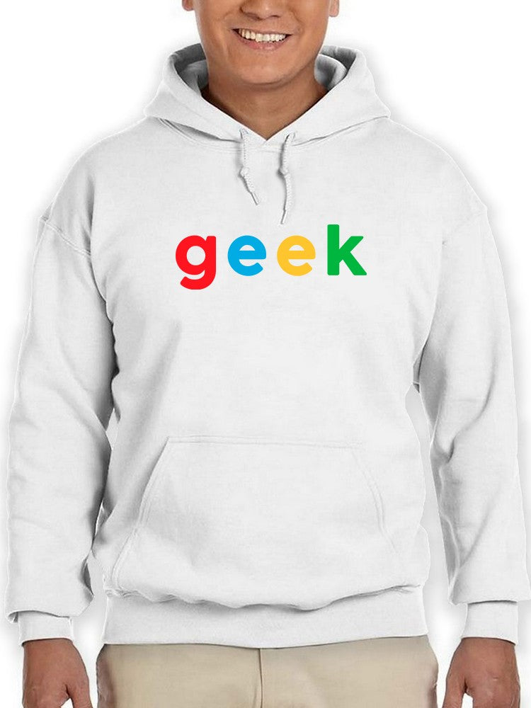 a person wearing a white sweatshirt with a logo on it
