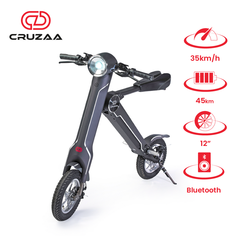 a black electric scooter with text and icons