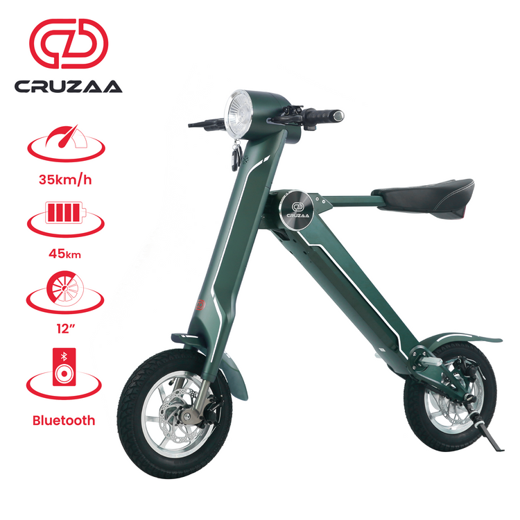 a green electric scooter with a white background