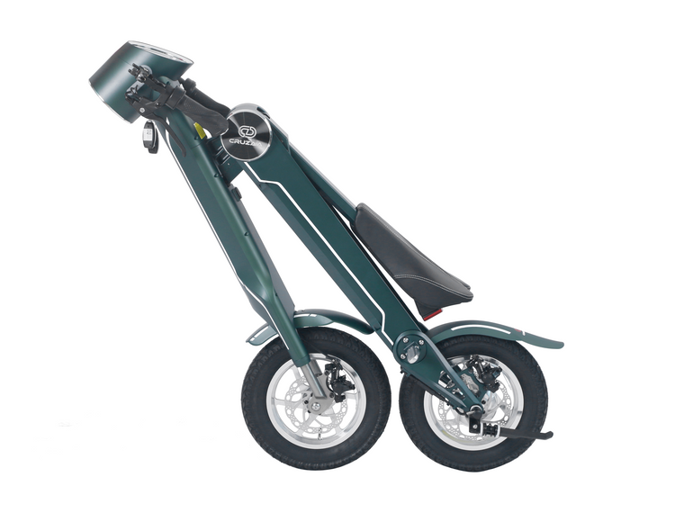 a green folding scooter with black wheels